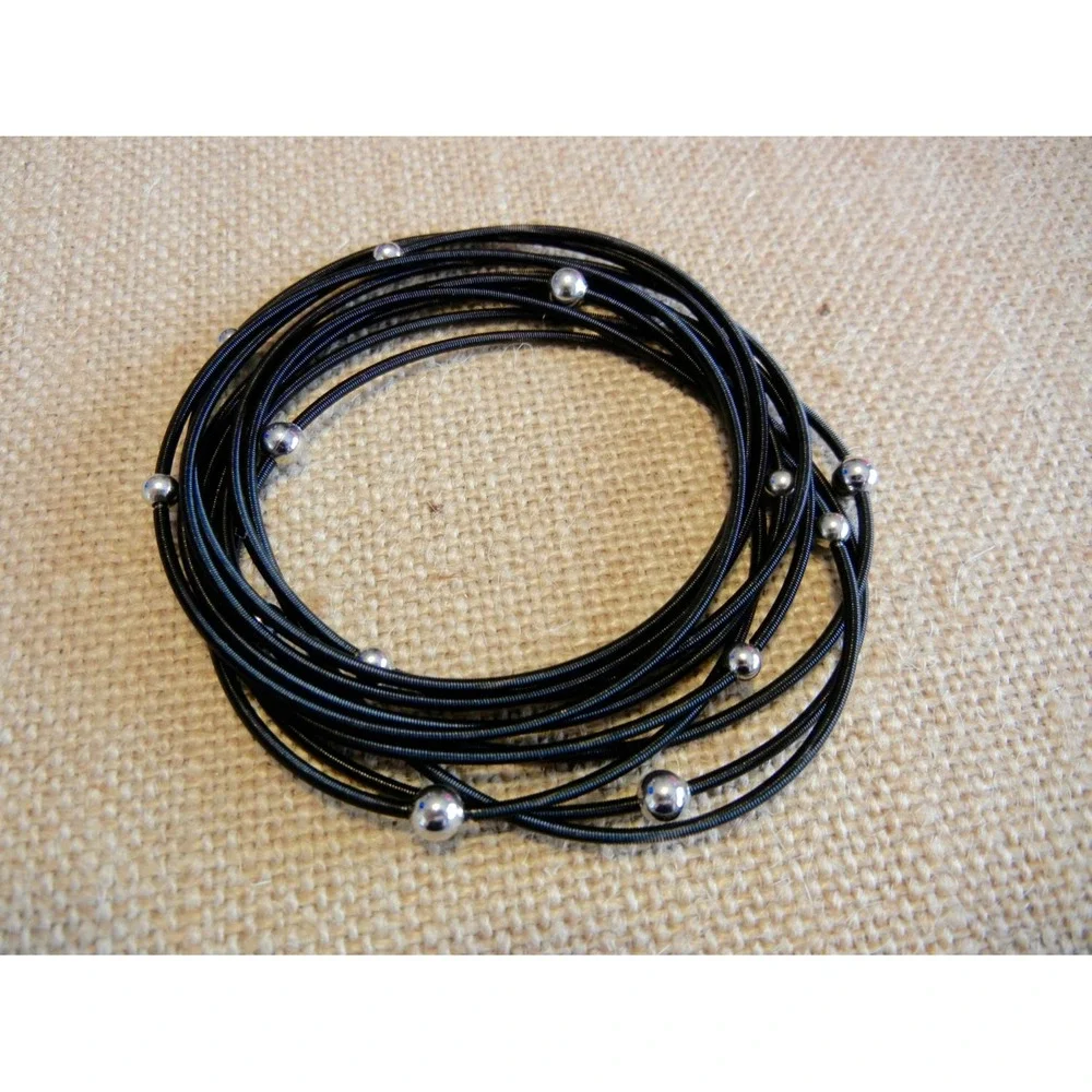 Piano Wire‎ Bracelet Black with silver beads